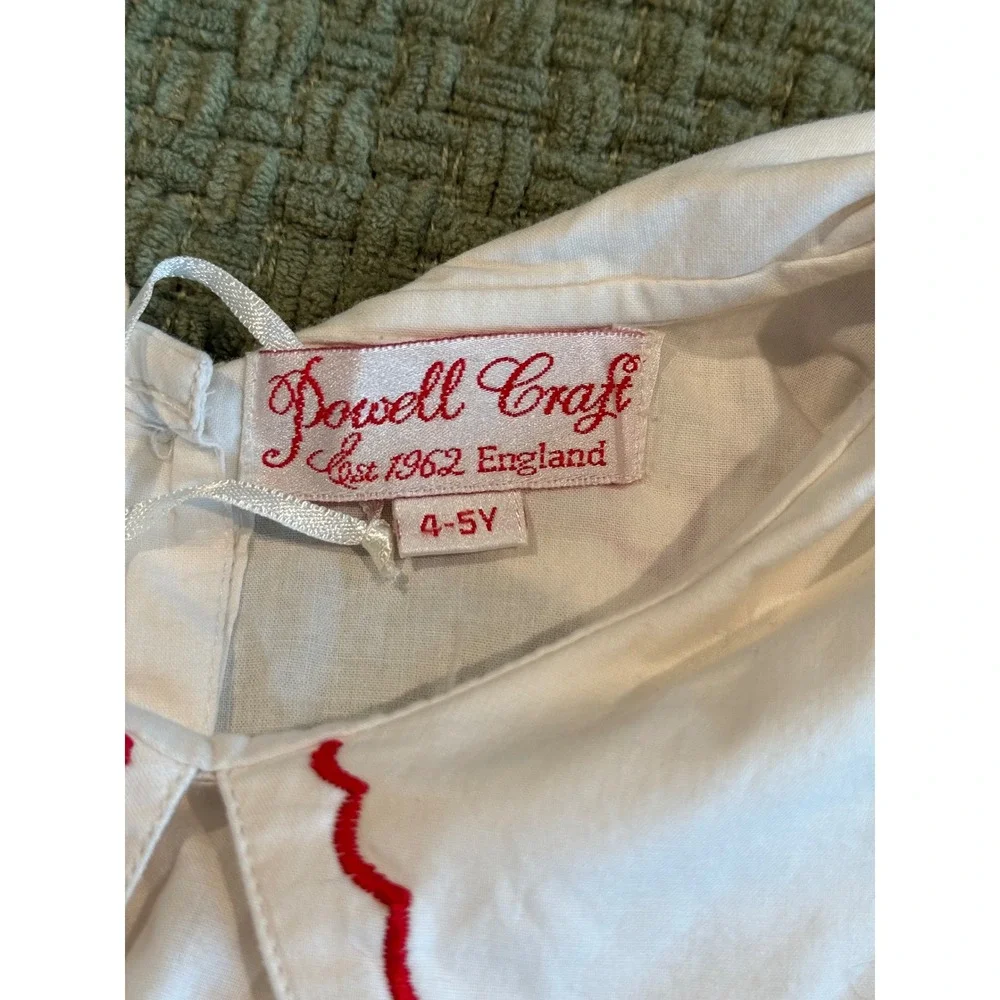 Powell Craft England Girls White Red Embroidered Bird Cotton Dress 4-5Y Vintage